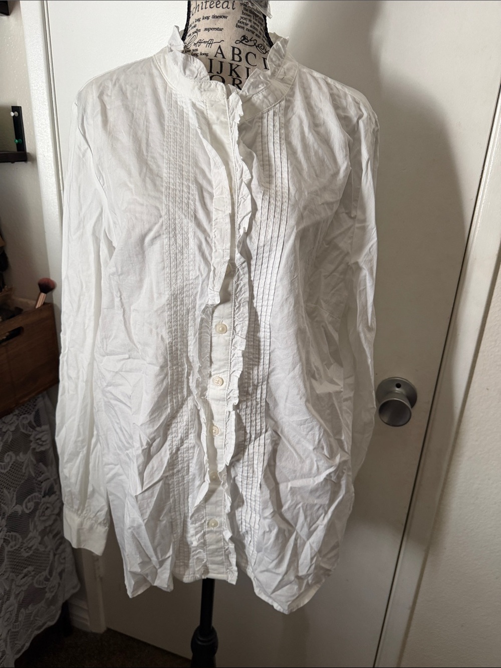 White Ruffle Front Button-Up Blouse